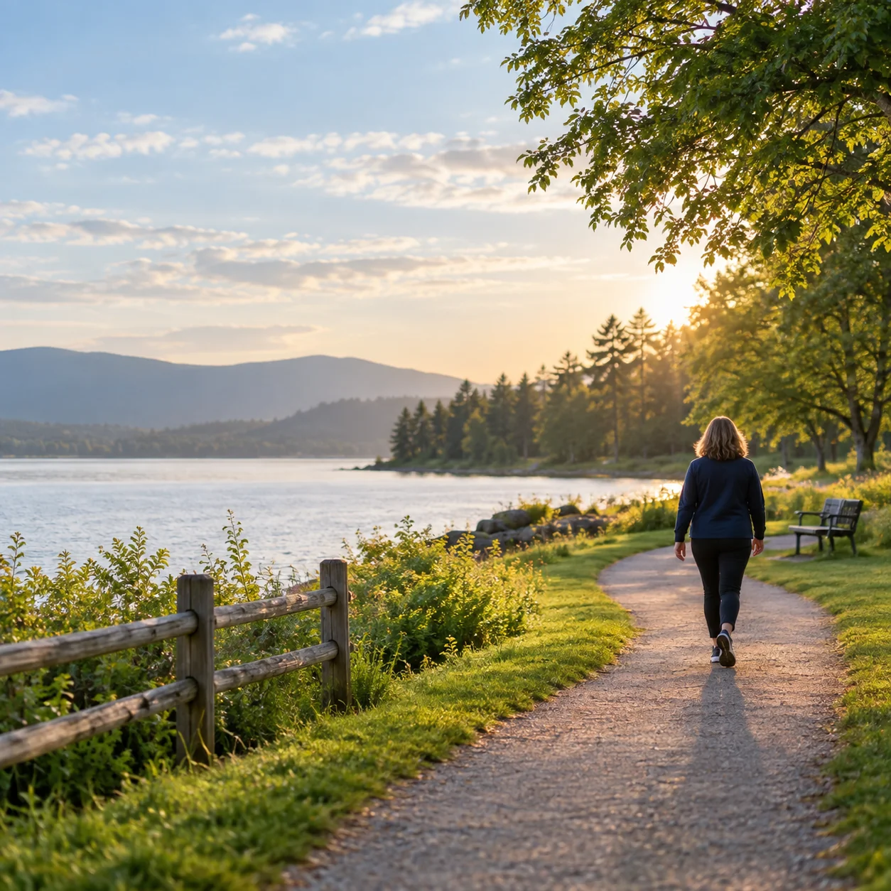 A peaceful walk along a sunlit lakeside path
